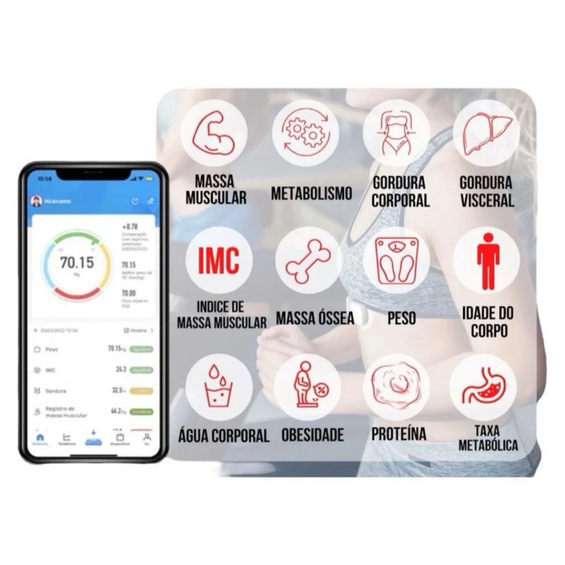 Balança Bioimpedancia Digital Bluetooth Corporal até 180kg Resultado Pelo Celular