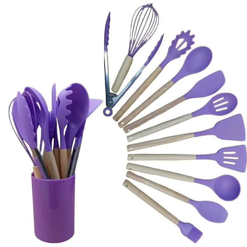 Kitchen Set Kit C/12 Pieces Silicone Kitchen Tools Kitchen Kitchen Holder Su Wood Cable